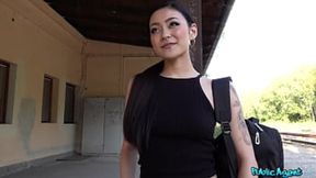 PublicAgent - Cute Asian Japanese girl Rae Lil Black gets taken outside during the day, fucked on the platform, and filled with big cock&#x1F32D; creampie