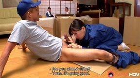 Japanese brunette Nozomi Koizumi moans as she blows friend's cock uncensored