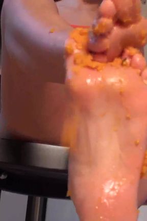 Close up of trampling food in the kitchen