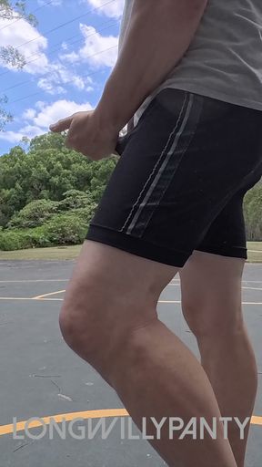Straight guy hanging out his uncut cock at the public space.