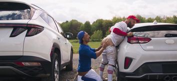 Baseball hotties fuck next to a car, in public