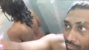 Nude Couple Bathing Whilst Suck Boobs