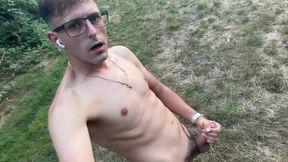 German boy jerks off naked outside and cums