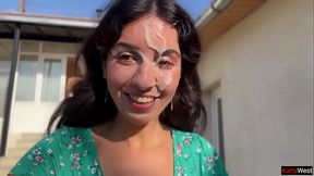 Brunette country slut takes on three cocks in public