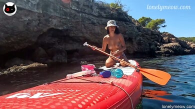 Asian beauty bares it all on Ibiza's paddleboard before passionate indoor rendezvous