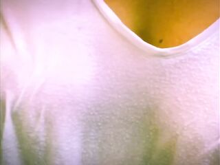 Playing with my teats in the rain & a soaked t-shirt