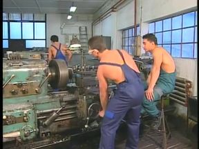 Horny threesome in the workshop