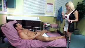 Amazing nurse with fake boobs gets facialized while banging patient