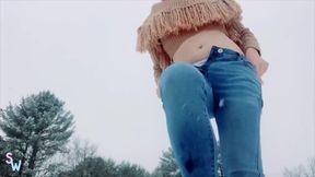 Redhead tgirl strips jerks herself in the snow public cumshot