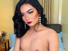 Asian shemale fucks flashlight on webcam show