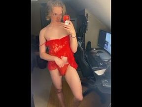 Light-haired hair blue eye trans red lingerie tease 2