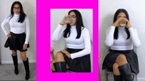 eRica shows us how she drinks a fans cum in her white turtleneck & leather skirt!