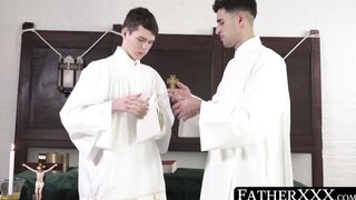 FatherXXX.com - Pious twink worships priest's big cock with his mouth before a raw po