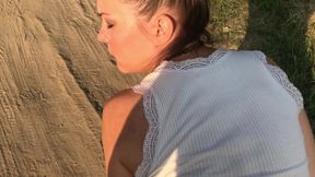 Sexy blonde sucks and fucks huge cock outdoors