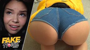 Busty brunette seduces two dudes in fake hostel threesome