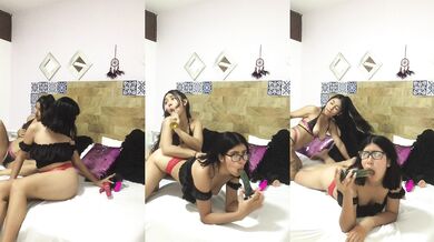 Latin lesbian strapon dildo fills her pussy till she gushes orgasm
