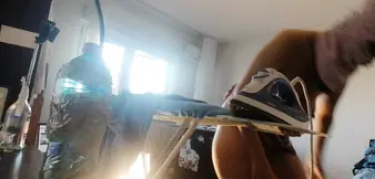 Amateur wife doing housework naked. Sexy and naughty wife trying on clothes that she cuts.