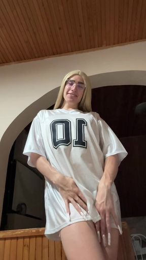 Cute femboy wearing your shirt playing with ass and dick