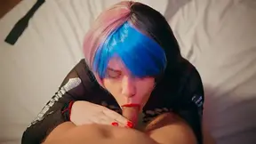 Halloween Cosplay girl with purple hair gets face fucked