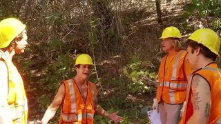 Small boobies babe getting gang-fucked by workers