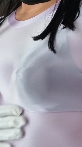 Beautiful and Sexy Sheer Spandex Top and Black Bra with Pointy Tits