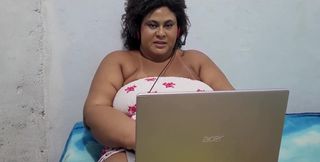 Stepmother Is Seen on the Computer, She Squirts and Takes a Lot of Cum in Her Mouth.