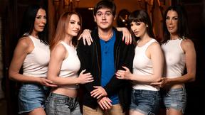 ”4 MILF stepmommies fuck their stepson together in this twisted story”