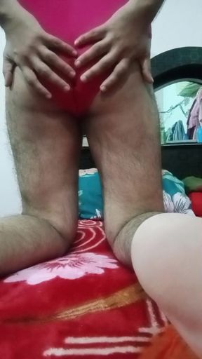 Indian Gay Crossdresser Gaurisissy showing and playing with her big boobs in pink honeymoon lingerie