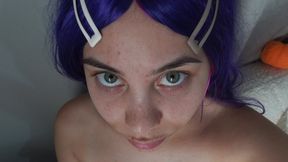The Indian stepsister makes eye contact, then grimaces and ignores the cosplay costume, then ghost blowjob and ghost handjob, and finally ignores.