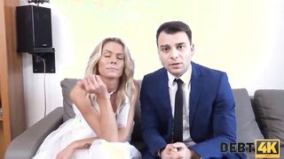 DEBT4k. Curly blonde is loving sex while cuckold groom is