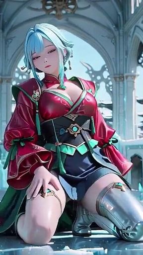 Silver-haired Maid in an Ice Palace! Red & Green Kimono, Legs Spread Wide in the Snow.