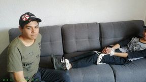 18-Year-Old Twink Alan Gets Ballgagged & Tickled All Over His Sensitive Body By Two Burglars. They Decide To Humiliate The Boy With Merciless Foot & Upper Body Tickling. Watch Him Squirm!