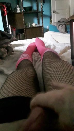 Morning fun in fishets stockings and pink sport socks