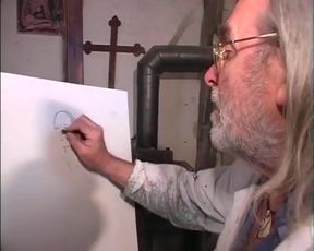 Horny brunette with natural tits gets fucked by a famous artist over 50