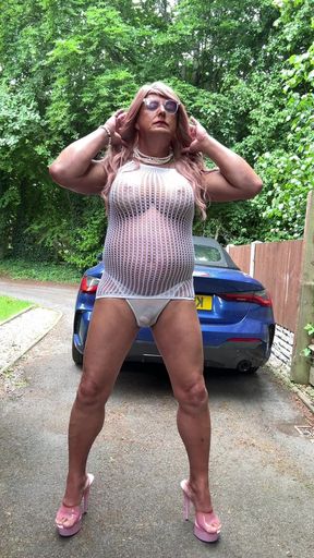 Sexy Crossdresser Kellycd2022 in White Tight Fishnet Dress and Heels