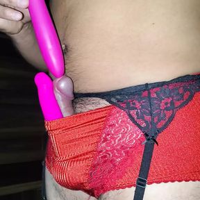 Super Shinny Red Nylon Control Panties, Nice Cumshot