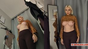 Blonde with Huge Tits Trying on Clothes in Mall. Milf Without Panties in Fitting Room
