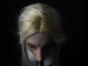 Nun in female mask practices blowjob on strapon