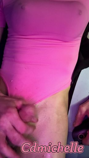 Crossdresser Michelle Wearing Pink Bodysuit While Playing with Cock