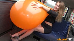 Slim Beauty Dina Inflates Giant Orange Balloon by Mouth in Old VW Multivan (FULLHD resolution)