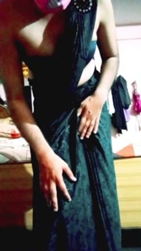 Indian Gay Bottom Crossdresser Gaurisissy Pressing and Playing with Her Big Boobs in Black Saree Hard XXX Sex
