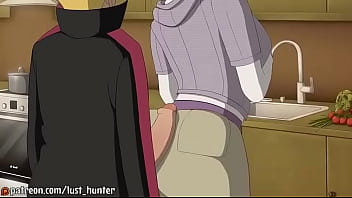 Boruto ver a Hinata lavando as lou&ccedil_as e aproveita para por o pau nas costa dela.