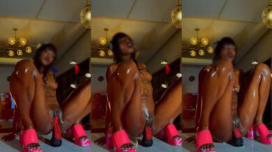 Petite Ebony Squirting Orgasm On Kitchen Counter With Big Dildo