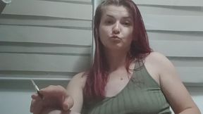 Sexy Redhead in a Green Dress Enjoying a Post-Shower Smoke & Bare Feet