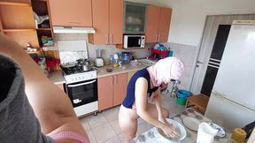 Amateur couple having fun naked in the kitchen  Amateur wife fingers pussy until orgasm