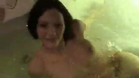 Wondrous amateur brunette takes a bath and gives a solid blowjob at once