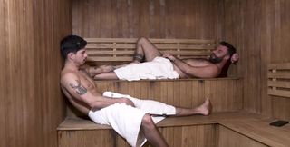 Latino men share the sauna for nothing but gay perversions