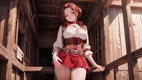 Lazy Tease on the Sun-Drenched Porch, Corset Cinching Her Curves, Fingertips Grazing Chest, That Forbidden Gaze in the Sunlight.