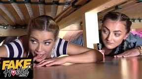Fake Hostel Two hot girls get stuck under a bunk bed