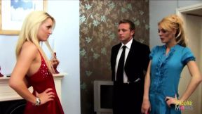 Swapping sweeties, sultry blonde gets it on with girlfriend, boyfriend in raunchy lingerie tryst,